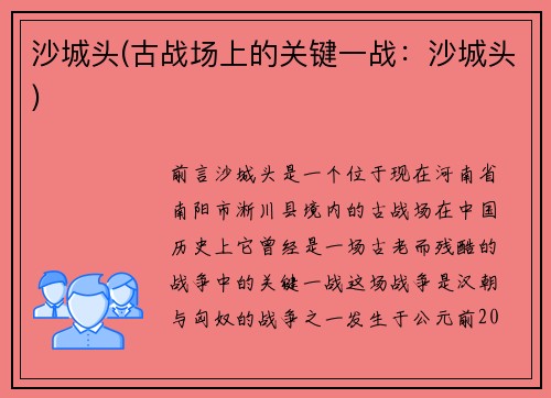 沙城头(古战场上的关键一战：沙城头)
